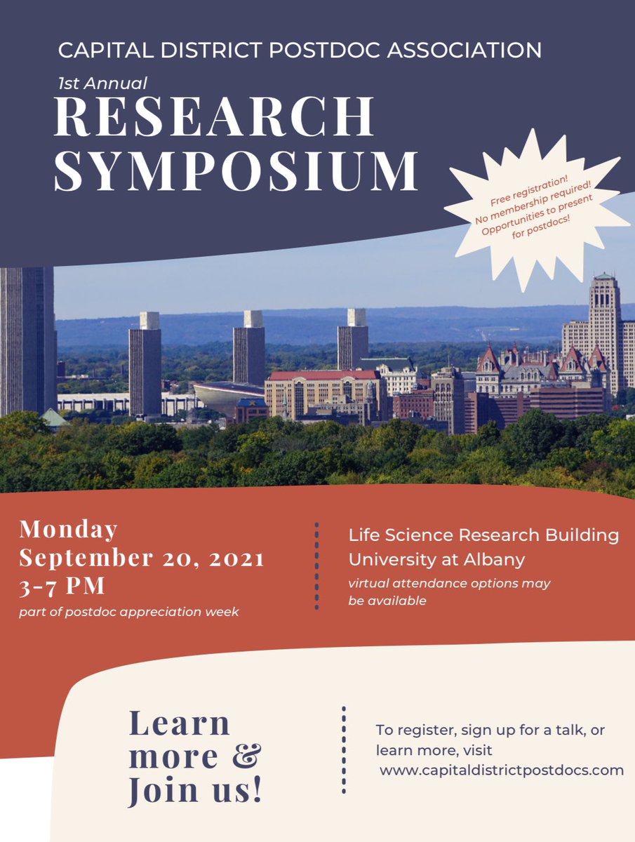 CapDistPostdocs's tweet image. Hey Capital District Postdocs! Don’t forget to sign up to give a talk at our FIRST ANNUAL RESEARCH SYMPOSIUM! Tomorrow (Sep 12) is the last day!

Sign up here: capitaldistrictpostdocs.com/symposium

More details on registration &amp;amp; schedule coming Monday, Sep 13