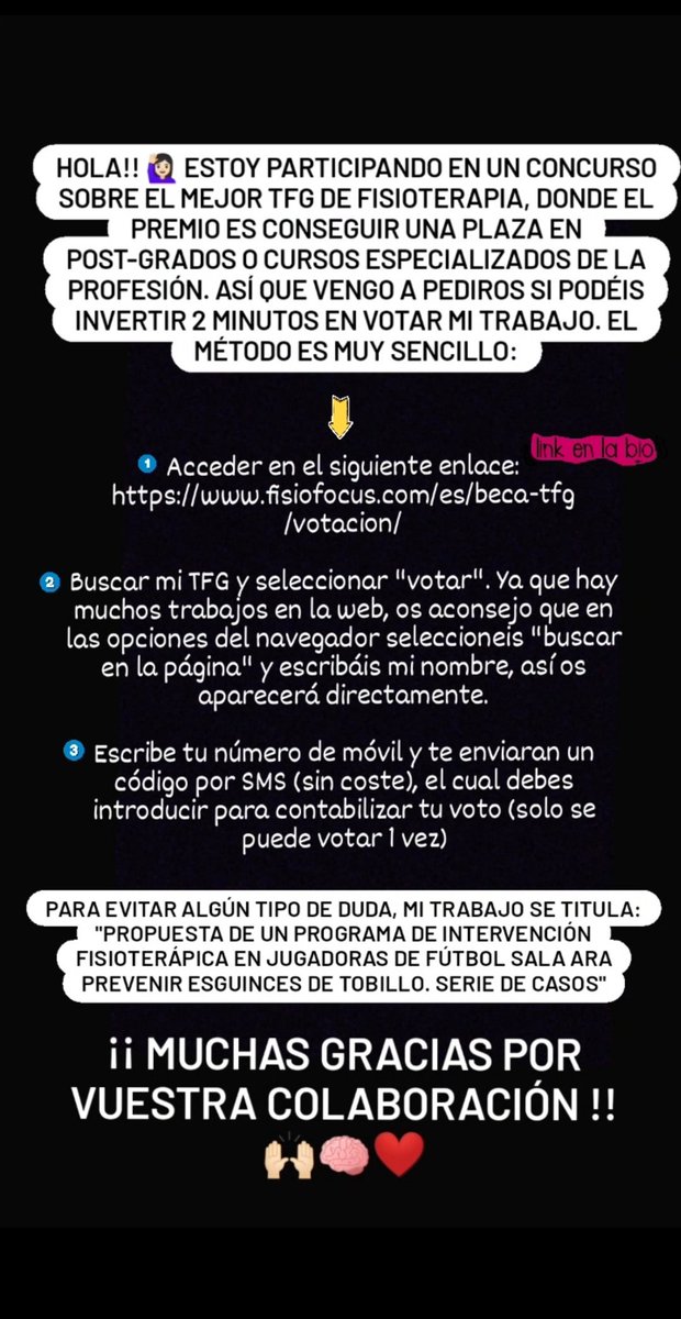 Espero que podáis ayudarme votando mi trabajo 😊🤞
fisiofocus.com/es/beca-tfg/vo…