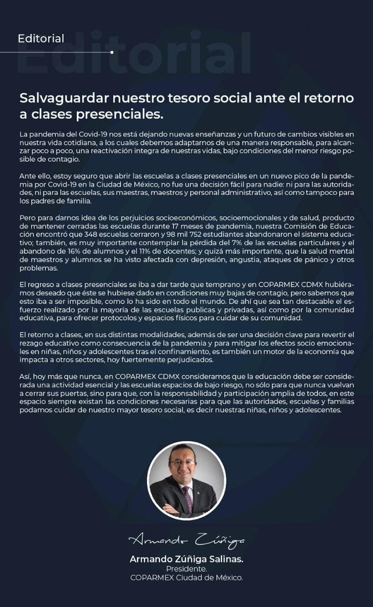 Coparmex_CDMX's tweet photo. En el #4 de la Revista #InnovaciónEmpresarial agosto, nuestro Presidente @Armando_ZunigaS señala que la educación debe ser considerada una #ActividadEsencial y las escuelas espacios de bajo riesgo, para que podamos cuidar de nuestro mayor tesoro social:👦🏻👧🏻. ¡No dejes de leerla! https://t.co/1bPBVRBmQW
