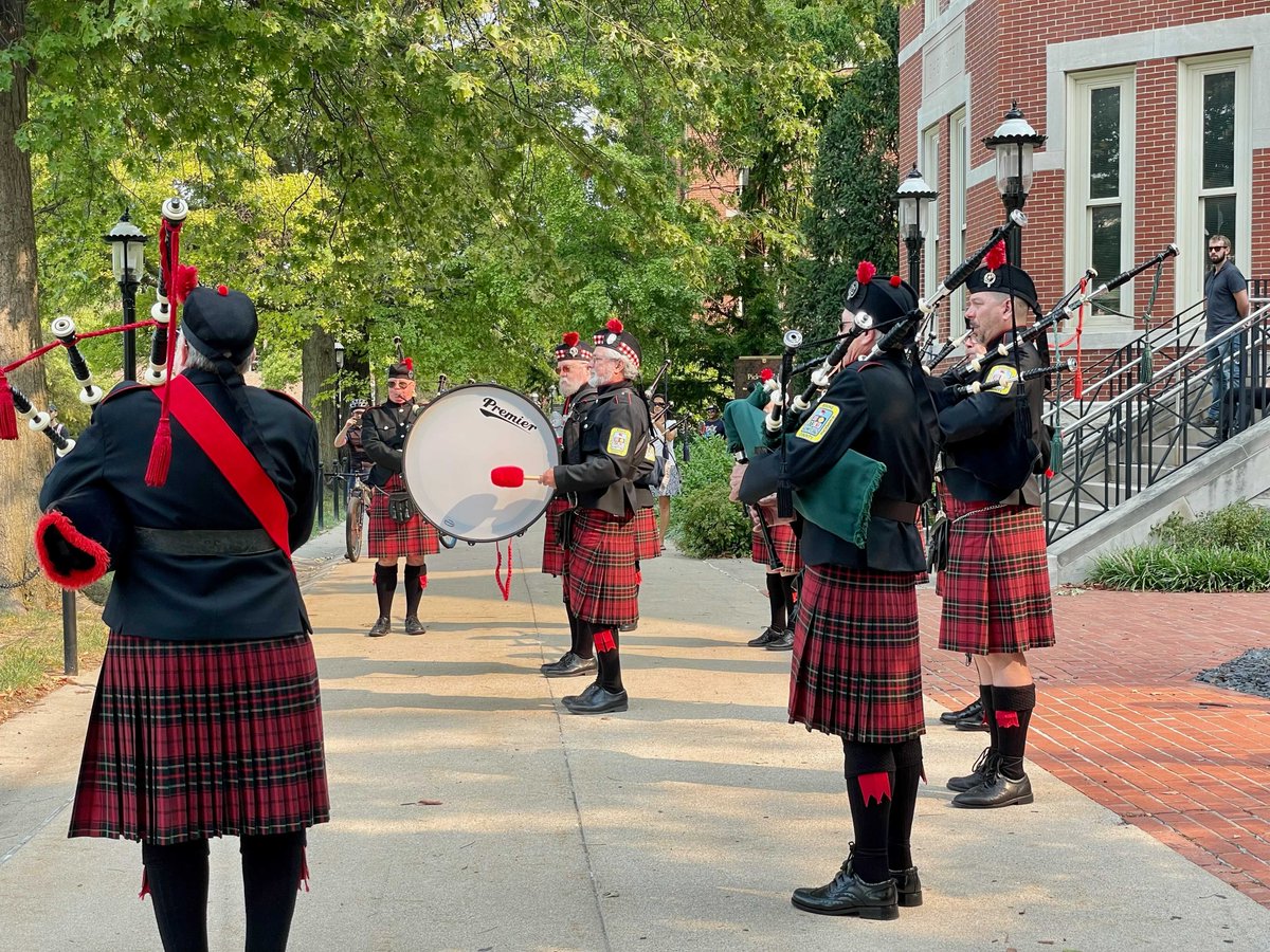 Bag pipe players perform on the Francis Quadrangle at the Patriot Day ceremony. 