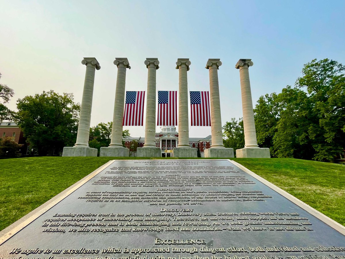 Mizzou's six iconic columns decorated with American Flags for today's Patriot Day ceremony on the Francis Quadrangle. 