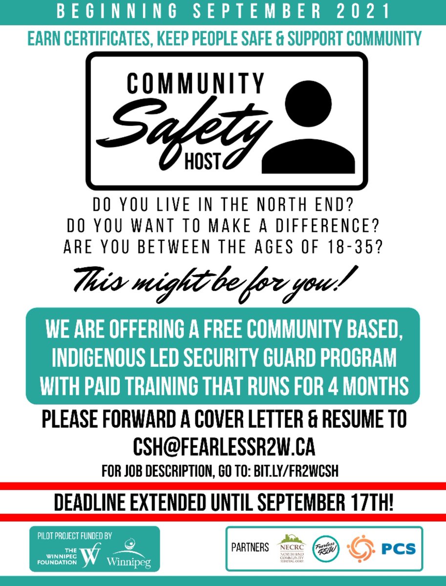 🚨 Deadline Extended! 

Apply before September 17, 2021 for our new Community Safety Host program!

Learn more about our program here: fearlessr2w.ca/f/hiring-for-i…

Check out the job description link here: bit.ly/fr2wcsh

#Safety #Security #Community #Winnipeg