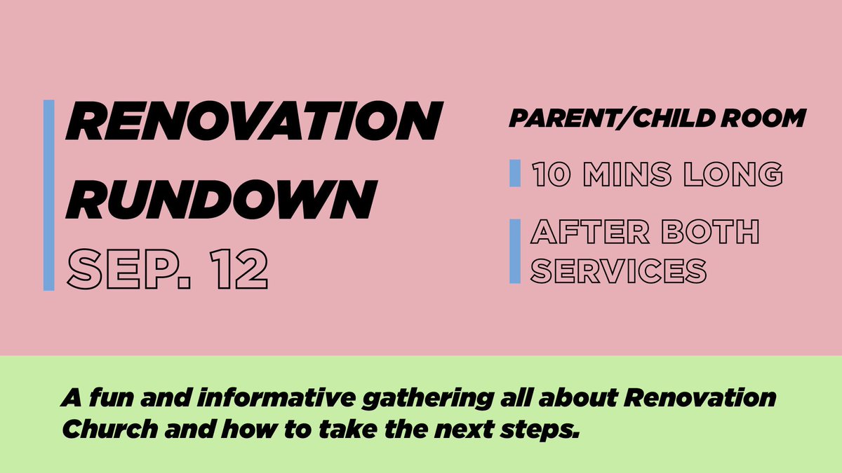 RenovationChrch's tweet photo. If you’re new to Renovation Church and want to learn more about who we are and how to take next steps, don’t miss Renovation Rundown tomorrow!  It’s a short 10-minute meeting that takes place right after each service in the Parent/Child Room. https://t.co/dqpcXV2ASB