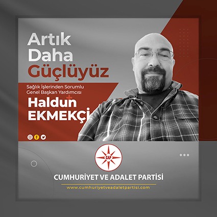 Sağlık İşlerinden Sorumlu Genel Başkan Yardımcımız Haldun Ekmekçi  ile, artık daha güçlüyüz!
Kendisine yeni görevinde başarılar diler, hayırlara vesile olmasını temenni ederiz...

#cumhuriyetvedaletpartisi 
#saglik #Atama