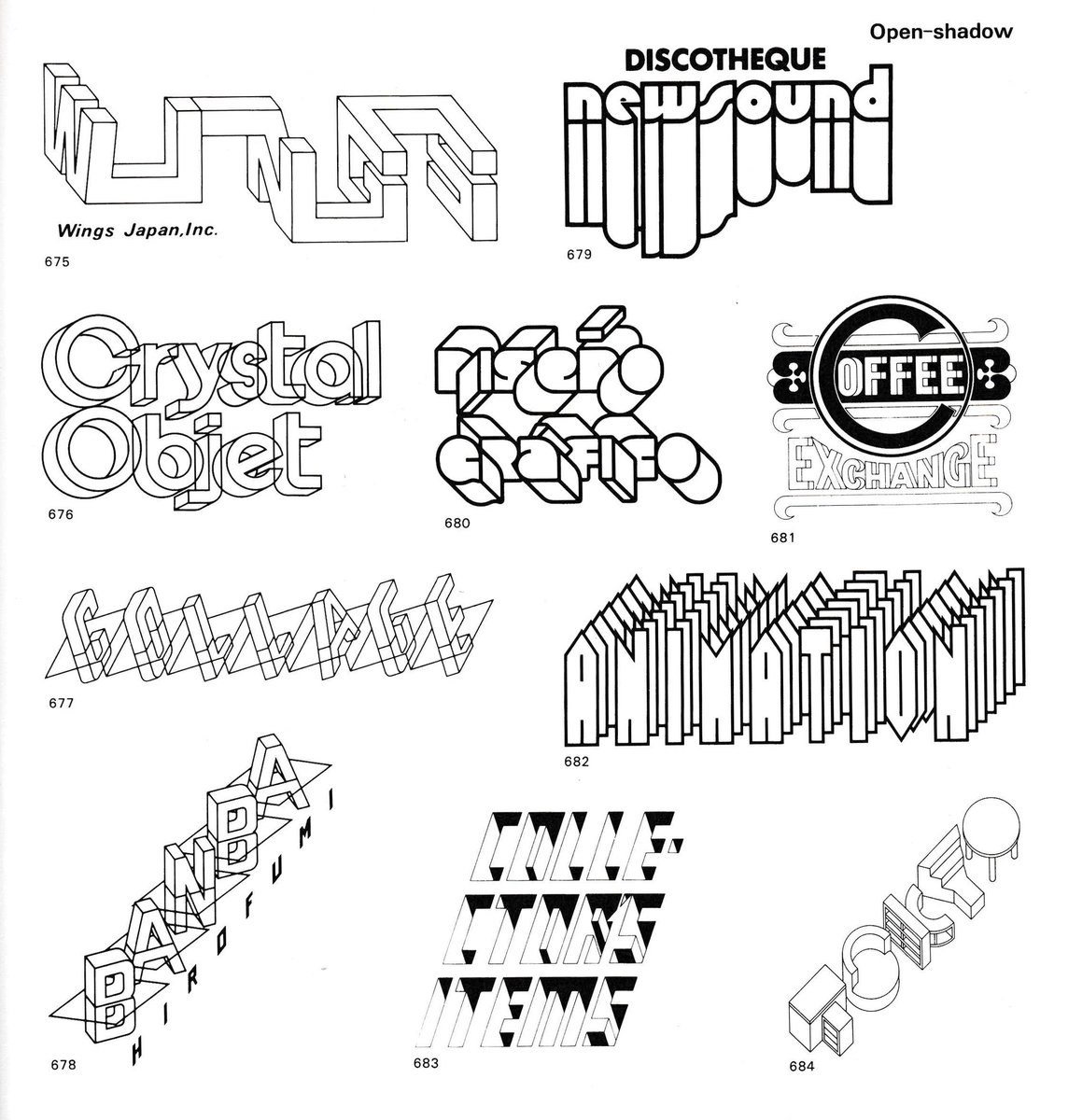 Lett_Arc's tweet photo. Yasaburo Kuwayama, Logotypes of the World, Mitsuru Takahashi, Tokyo, 1988. Logos by Osamu Furumura (#675), Hideko Sakato (#676), Masayuki Yano (#677, 678), Tadasu Fukano (#679), Ernesto Lehfeld (#680), Milton Glaser (#681), Yasumasa Oka (#682, 684), Shigo Yamaguchi (#683). https://t.co/5v8nvfZ3PU