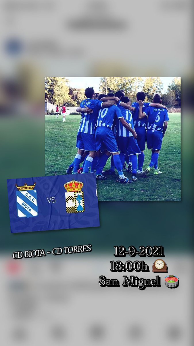 VUELVE EL FÚTBOL A SAN MIGUEL!!!

🏆 <a href="/CDEBIOTA/">C.D.E.Biota</a> VS <a href="/clubdtorres/">C.D.Torres</a> 
📆 12/9/2021
⏰ 18:00
🏟️ Municipal de San Miguel

#VamosBiota #OrgulloBlanquiazul #VolverADisfrutar