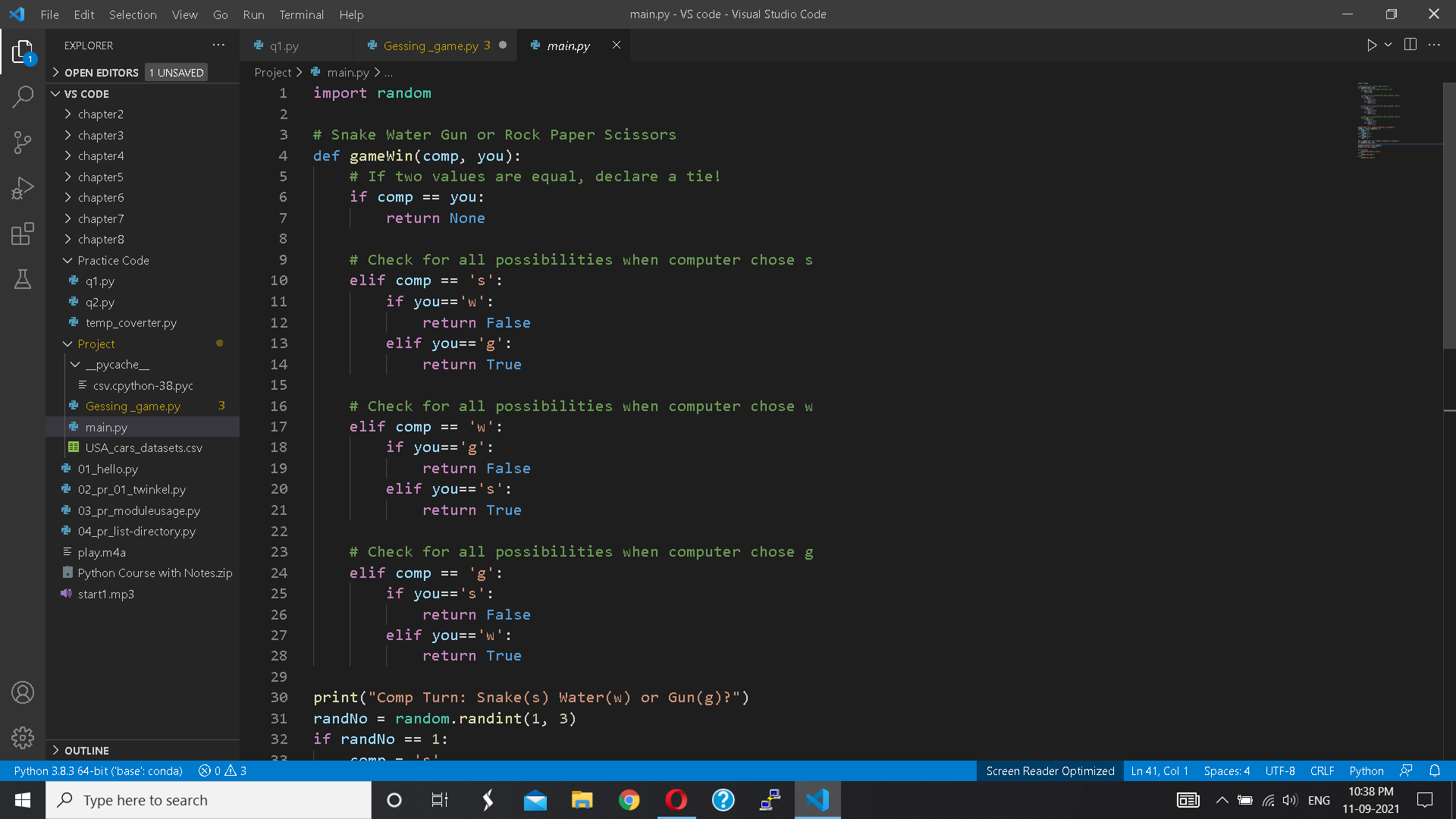 Rohit khapre on Twitter: "#100DaysOfCode Day:-22 Today i can create a small  project Game in #Python snake water and gun using random of def function  #pythonprogramming https://t.co/oZl5cGnXhh" / Twitter