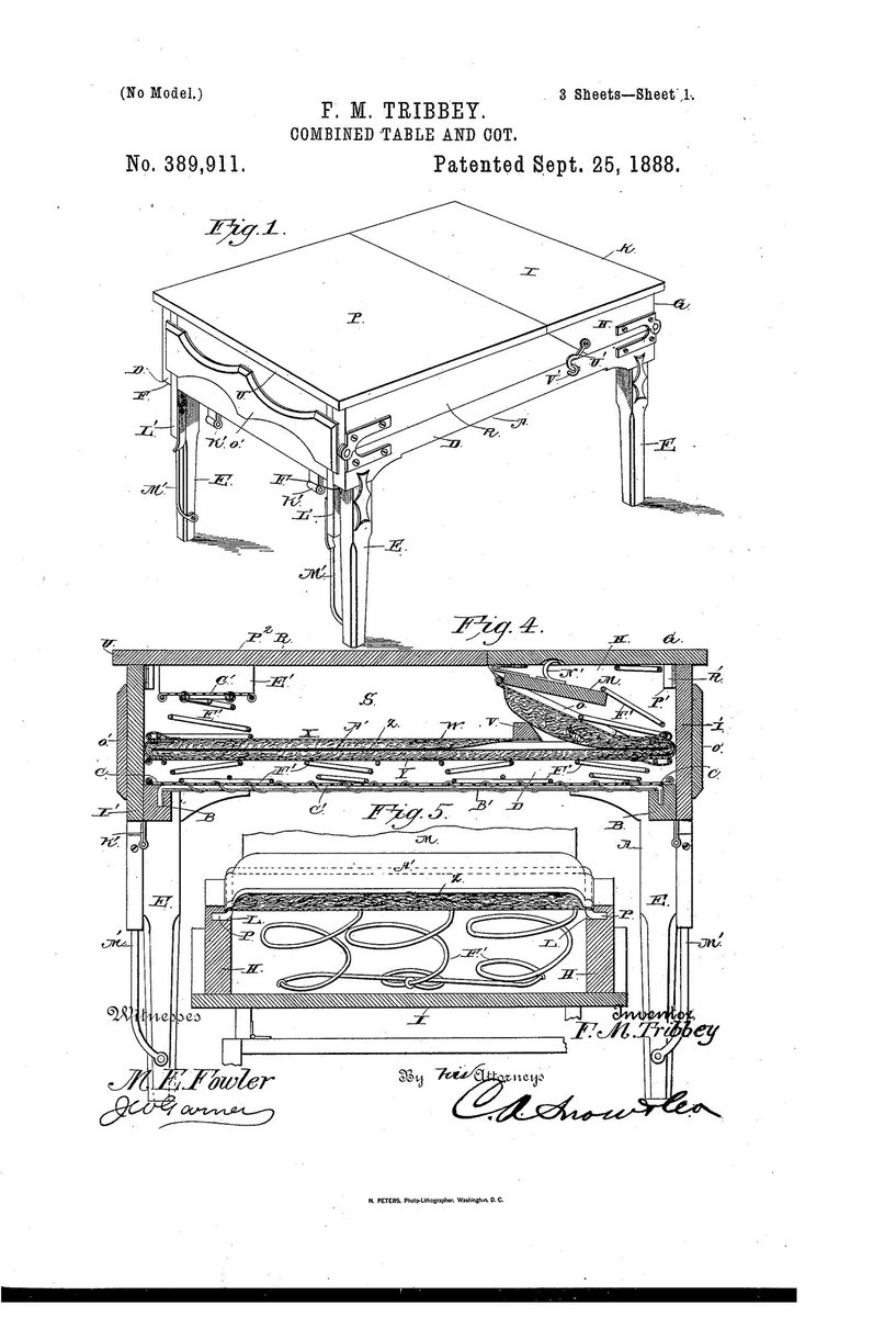 ChewytheSeal's tweet image. COMBINED TABLE AND COT - US389911A
Inventor - F M TRIBBEY
Granted in 1888

#TeamSeal #practicalpatent 
Breakfast in bed anyone?

@ExplodingPossum @JillLum1 @Pixieprogrammer @gypsea1997 @BrazilBonny @chirpykittys @fred7722 @SilentHeadbang1