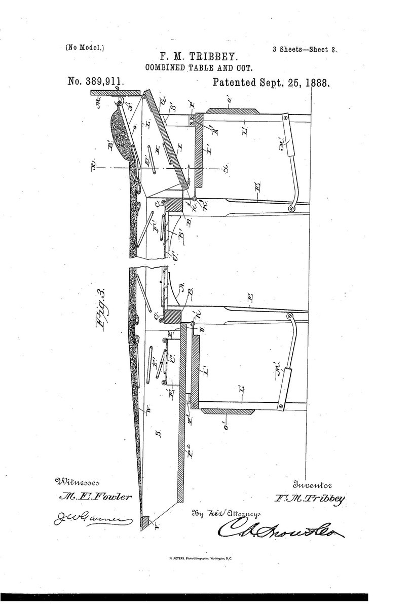 ChewytheSeal's tweet image. COMBINED TABLE AND COT - US389911A
Inventor - F M TRIBBEY
Granted in 1888

#TeamSeal #practicalpatent 
Breakfast in bed anyone?

@ExplodingPossum @JillLum1 @Pixieprogrammer @gypsea1997 @BrazilBonny @chirpykittys @fred7722 @SilentHeadbang1