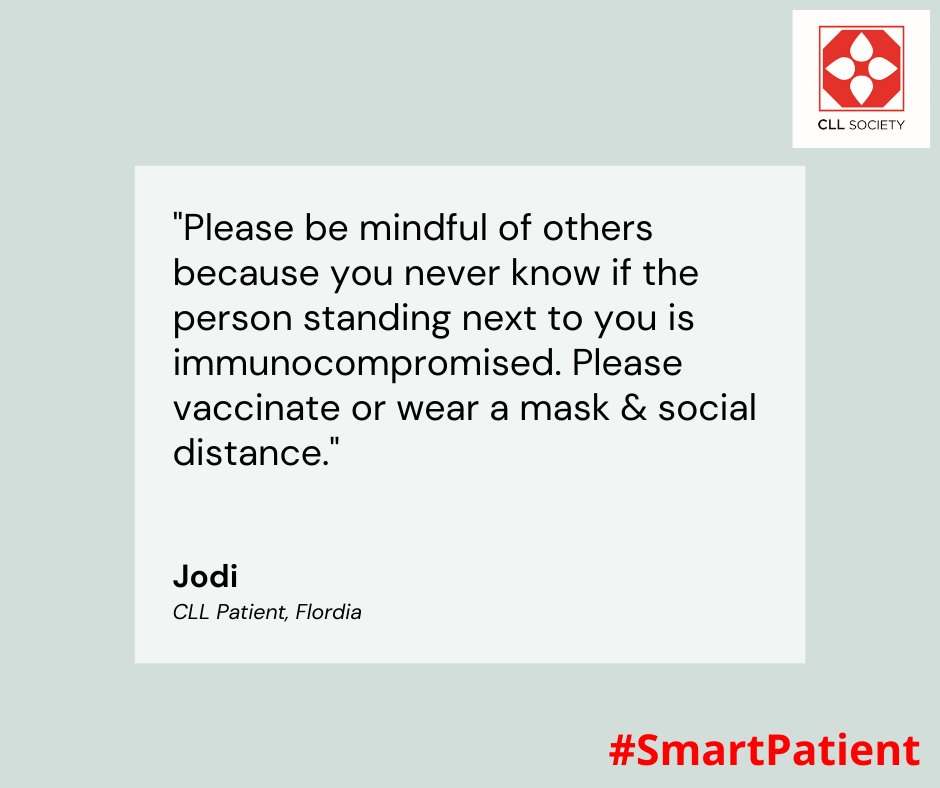 CllSociety's tweet photo. Today we have a message from our #SmartPatient Jodi! It's no secret that CLL patients are less responsive to the vaccine and more vulnerable to #COVID19. Help protect more vulnerable individuals; you never know who you may be standing next to.
#BCAM #CLLisOurBloodCancer https://t.co/MWkOl9spgX