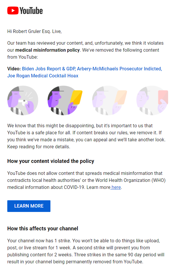 My <a href="/joerogan/">Joe Rogan</a> segment debunking the media "horse dewormer" hoax earned me a strike and a 7-day suspension from <a href="/YouTube/">YouTube</a>.