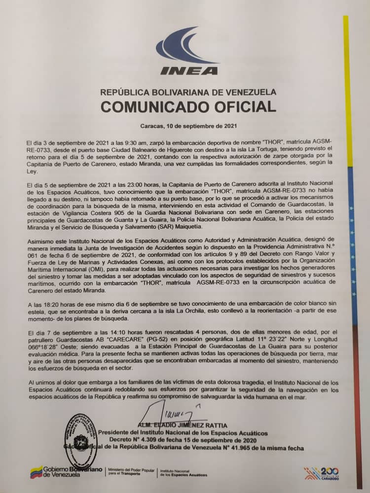 inea_venezuela's tweet photo. #11Sep Comunicado Oficial 📢

El Instituto Nacional de los Espacios Acuáticos informa al país el desarrollo de los acontecimientos relacionados al lamentable naufragio de la embarcación THOR matrícula AGSM-RE-0733, que zarpó desde Higuerote el pasado 3/09/2021 rumbo a La Tortuga. https://t.co/DmG5BsRGjm