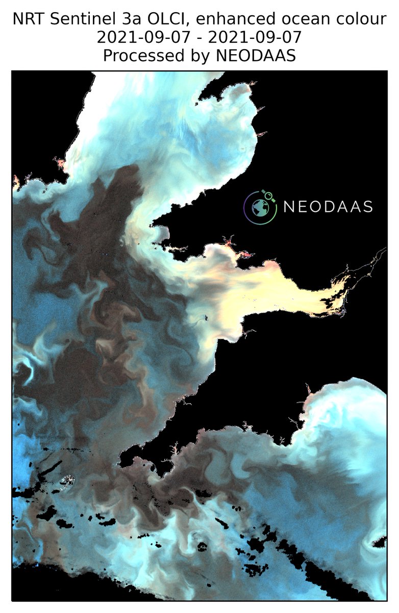 Recent sunny weather has intensified this huge algal bloom which contains the Noctiluca species, so look out for evening bioluminescence at the coasts of S Wales, Cornwall and SE Ireland. Enhanced ocean colour 07 Sep. 2021: it is not really this red in reality.