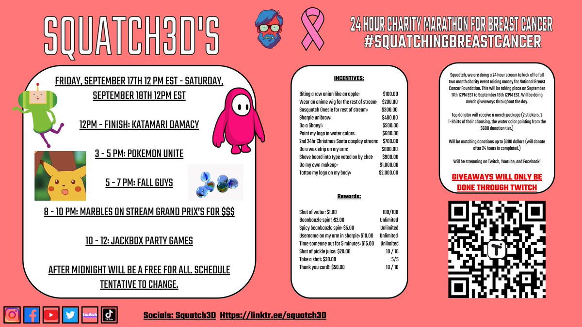 Squatch3D's tweet photo. For those who care, after talking to friends and doing some additional research, proceeds for my 24 hour stream are now going to the National Breast Cancer Foundation. Even if you can't donate, please come by and cheer me on and have an opportunity to win free merch! https://t.co/StMKjFf6lB