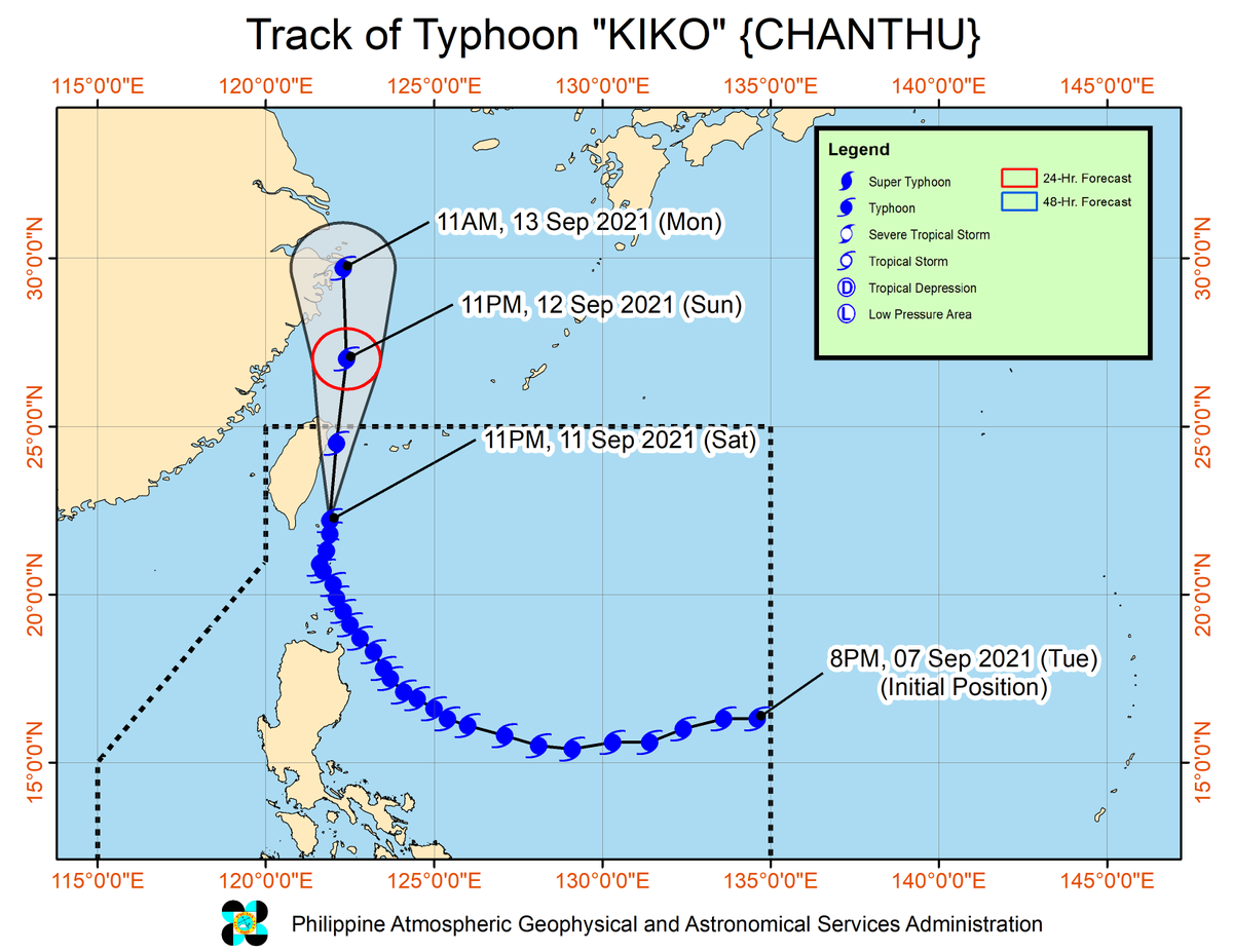 dost_pagasa's tweet photo. TROPICAL CYCLONE BULLETIN NO. 26
Typhoon “#KikoPH” (CHANTHU)
Issued at 2:00 AM, 12 September 2021
Valid for broadcast until the next bulletin at 5:00 AM today

TYPHOON “KIKO” IS NOW MOVING NORTHWARD OVER THE SEA EAST OF TAIWAN

Link: https://t.co/nOU97294Wi https://t.co/CfDOnPuZMw
