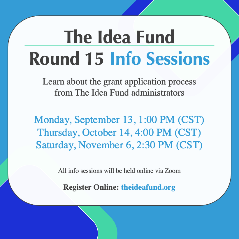 theideafund's tweet photo. Please join us for 1 of 3 online info sessions about #TheIdeaFund's Round 15 regranting cycle.⁠ Participants will learn details about the regranting process, what types of projects are funded, and tips for creating a solid application. Register online: https://t.co/EvBBW5KKn7  https://t.co/BNUEDqILkK