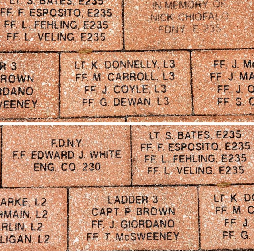 ScottLaPrade's tweet image. @FDNY1810 and Jack Dewan Thought about you both today.  I took these bricks photos at the memorial here in Spring Hill Fl.  More later #FDNY #fdnyladder3 #neverforget