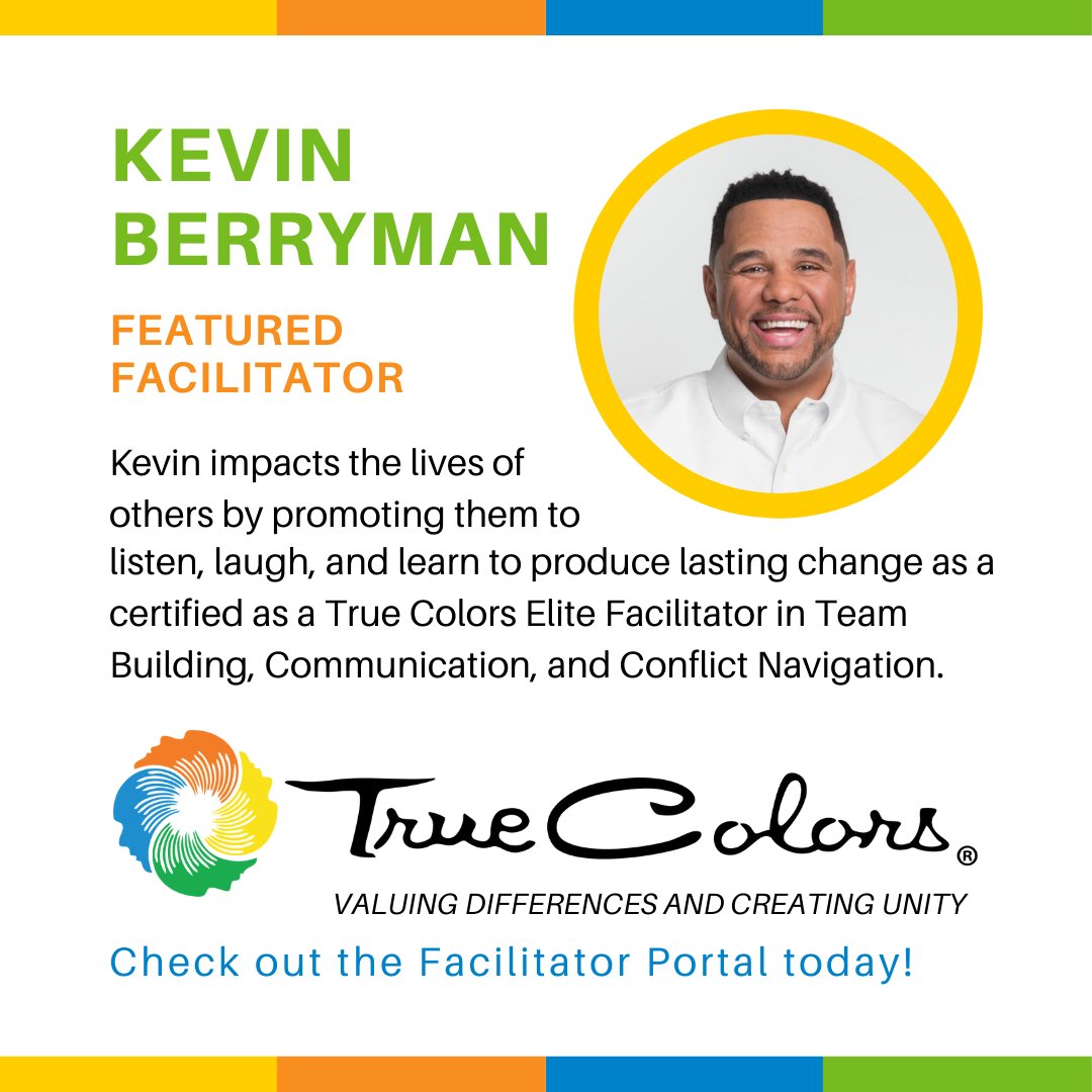 TrueColorsIntl's tweet photo. Have you met the @TrueColorsIntl #FeaturedFacilitator - Kevin Berryman?
Kevin is very similar to the methodology he teaches engaging, effective, inspiring, and refreshing! Kevinโs electric energy ignites while engaging diverse groups.
#TrueColorsIntl #YouMakeUsGreat https://t.co/bAYpqLmugQ