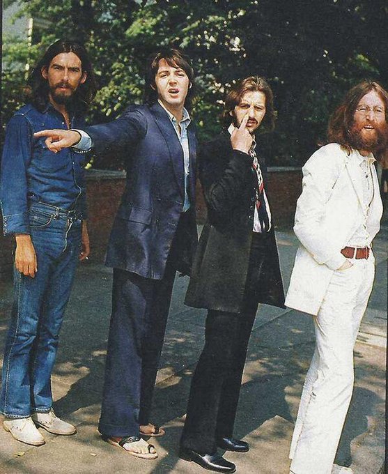 The Beatles waiting to cross Abbey Road, 1969