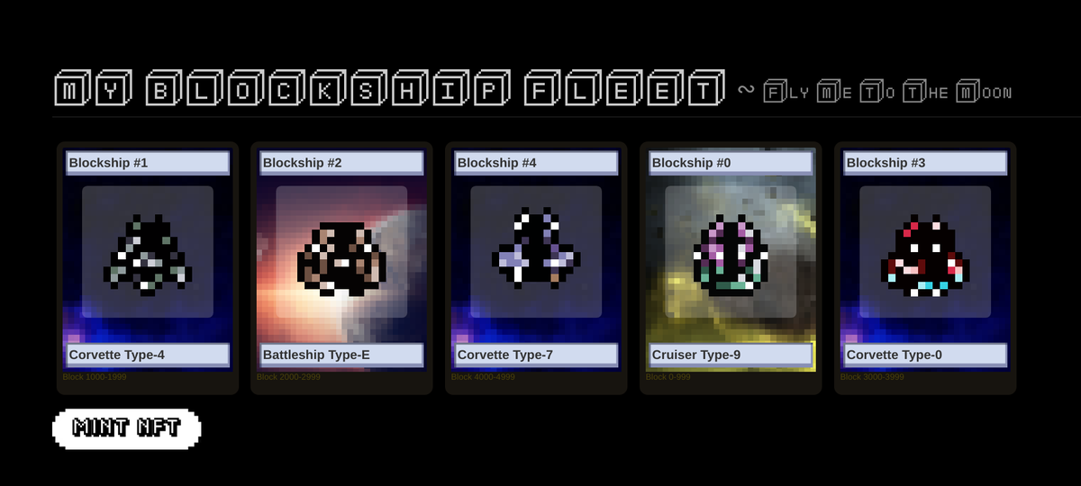 blockshipsio's tweet photo. First 5 #BlockshipNFTs are ready to fly to the moon🚀 🌕

Each Blockship is derived from Ethereum block hashes. For example, Blockship #0 encodes the genesis block 🎲

The Blockship pixelart is directly stored onto the Ethereum Blockchain and lives there 4 ever 🌏 
#realNFT https://t.co/9sNi86a0BV