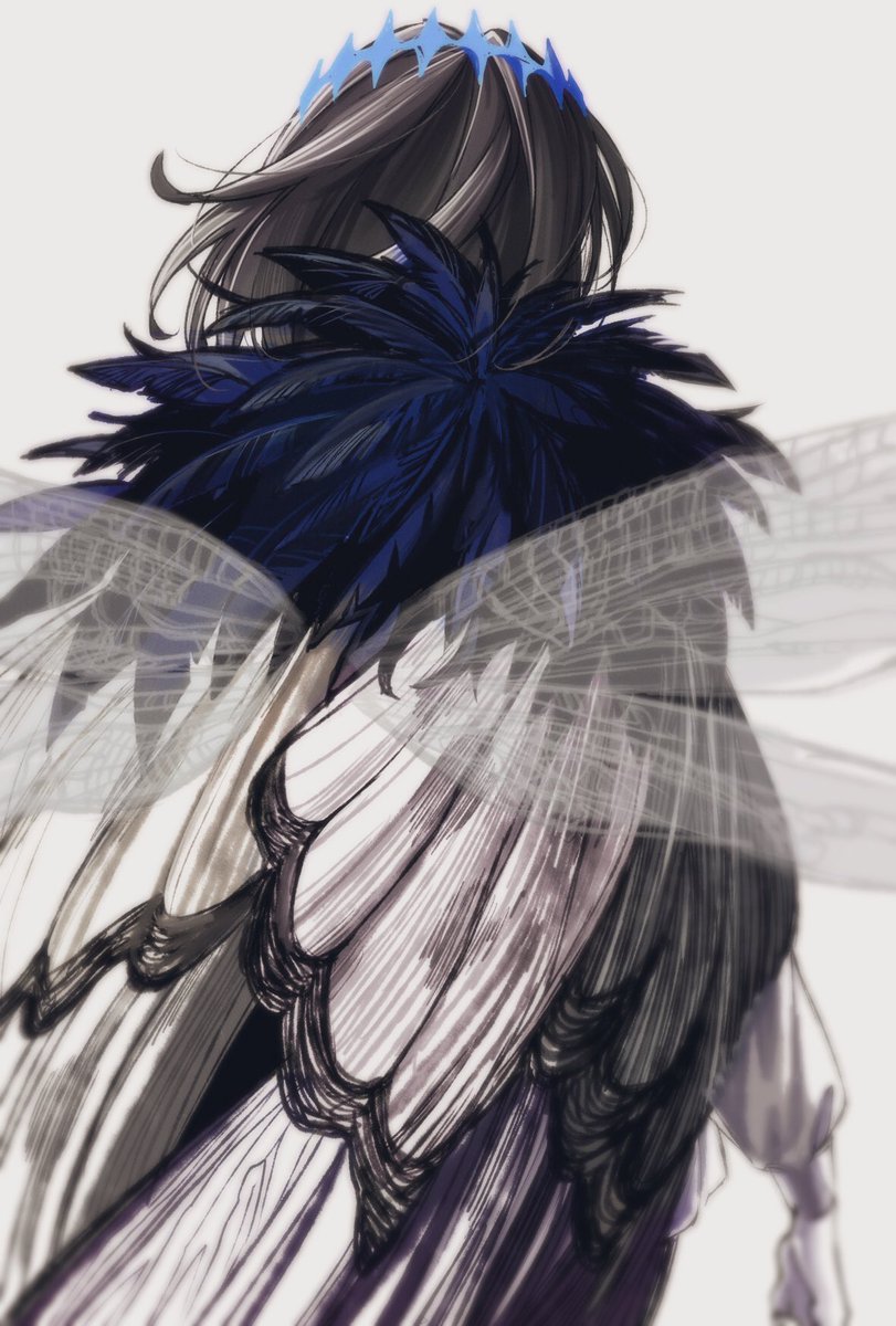 oberon (fate) 1boy male focus solo crown blue background fur trim looking down  illustration images