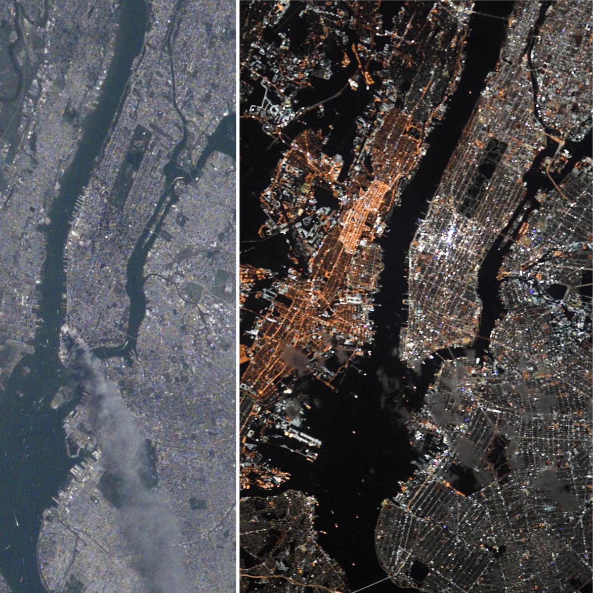 20 years ago <a href="/NASA_Astronauts/">ARCHIVED NASA Astronauts</a> #FrankCulbertson took this photo (left) from <a href="/Space_Station/">International Space Station</a> - witnessing the tragedy of 9/11 from 250 miles up. In February of 2020, I witnessed the spirit of #NYC shining ever brightly from the same spot (right). #neverforget911