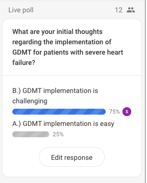 stormigale's tweet photo. Now for the #HFSA2021 session I am most excited for: Implementing GDMT In Severe Heart Failure Patients - Easy or Challenging? A Debate between @nancy_m_albert and @gcfmd 

Initial poll suggests most audience members feel implementation of GDMT in advanced HF is challenging https://t.co/r3EbN0K75I