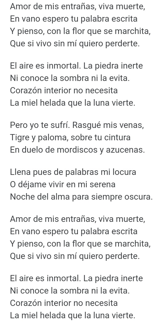 UEnparis's tweet photo. Amor de mis entrañas, viva muerte,
En vano espero tu palabra escrita
Y pienso, con la flor que se marchita,
Que si vivo sin mí quiero perderte.
...
Llena pues de palabras mi locura,
O déjame vivir en mi serena
Noche del alma para siempre oscura.
#GLorca
#JoyasYPoesíaEspañola🇪🇦 https://t.co/XiTSz4nTzA