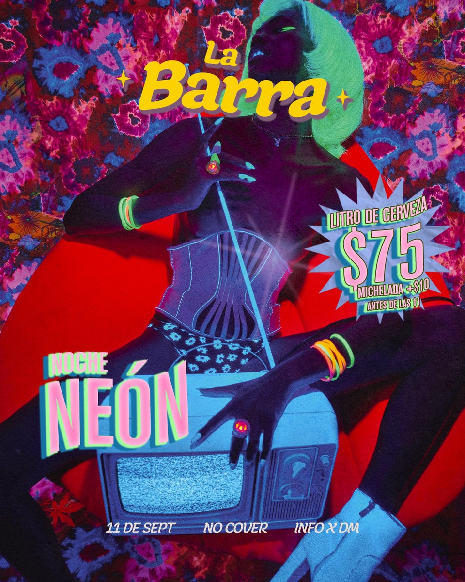 labarracdmx's tweet photo. HOY es noche neón en #LaBarraCDMX te esperamos con tu mejor look para pasar una noche deli, con la mejor música y ambiente.🌈NO COVER, info x DM✉️ https://t.co/m1MxbvDiHP
