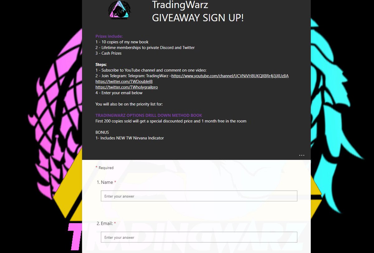 TradingWarz's tweet photo. 🚨#Giveaways🚨

Prizes:
1 - 10 copies of my new book
2 - Lifetime memberships to private Discord and Twitter
3 - Cash Prizes
4 - You also get priority access to my new book which comes with my SPECIAL NIRVANA INDICATOR

Sign up and follow steps:
https://t.co/5bBn38IaF2 https://t.co/Amn5OCSoyP