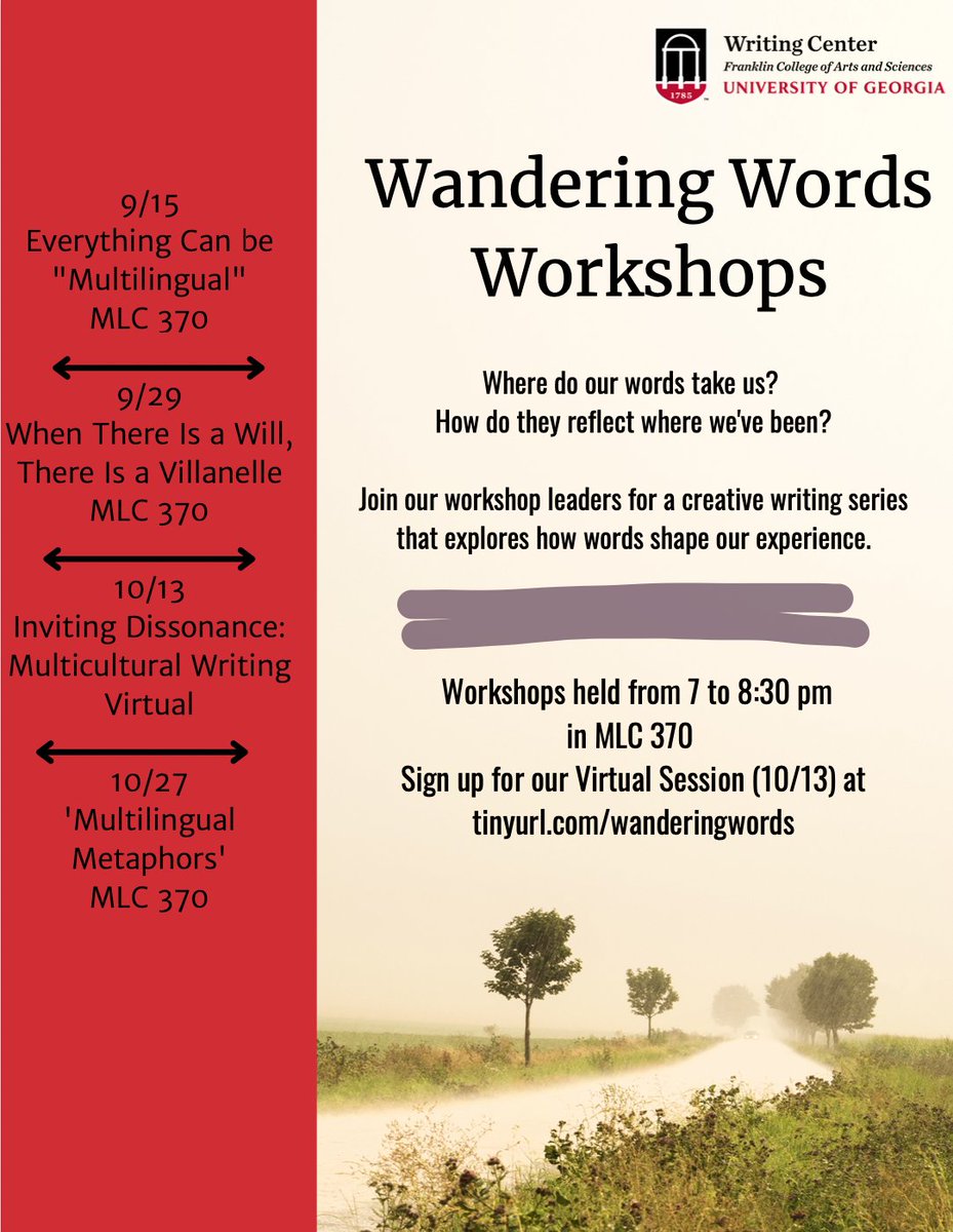 writeatuga's tweet photo. Looking for something to do? 

Attend one of the following workshops hosted by the UGA Writing Center! The next one is TOMORROW (9/15), “Everything can be multilingual”, led by Yixuan Yang 

#UGA #UGAWriting #Write@UGA #UGA24 #UGA25 https://t.co/rSVmQu2jCJ