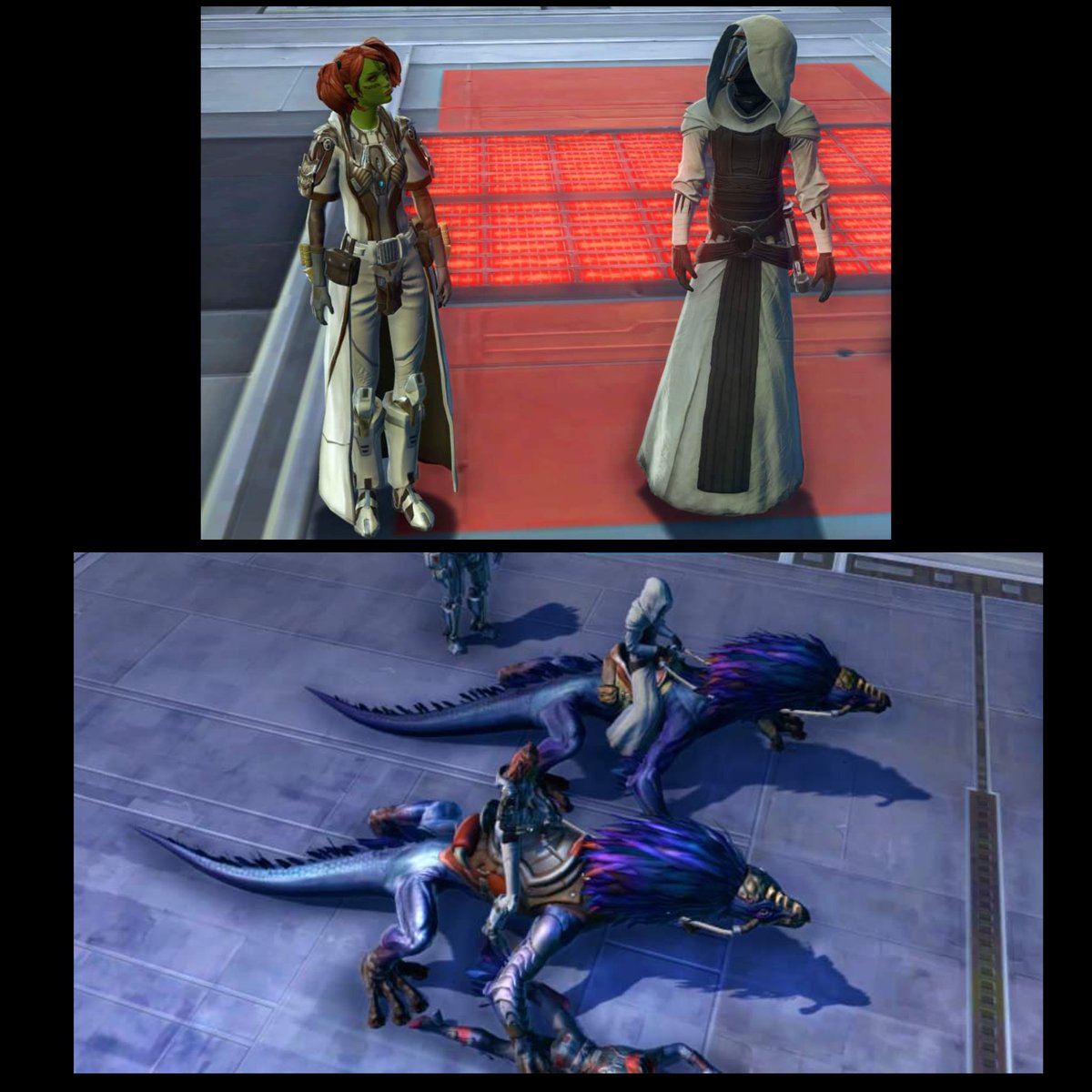 Cosmicdingbat's tweet photo. When you and your #jedi friend in #SWTOR accidentally have the same matching mounts and colour combo outfits! 😂
#gamergirl #gamers #theoldrepublic https://t.co/iyMPpSgMVK