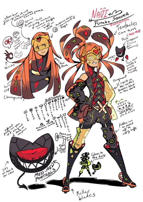 Persona 5s Futaba Sakura NAVI redesign! I wanted to play with parts of her character, such as games, coding, space, and throwbacks like MED PORTABL3 (P3P), Aegis's headset, and a digital mask that helps her hide her face but still emote with emojis she's programmed into her suit! 