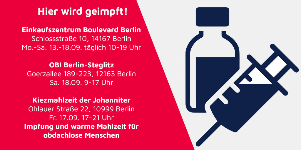 Morgen startet die Aktionswoche #HierWirdGeimpft! Die #Berliner #Johanniter sind dabei und bieten Euch hier – unkompliziert und ohne Termin – #Impfungen an. Als Impfstoff steht #Moderna zur Verfügung. Kommt vorbei, sagt es weiter und bitte lasst euch #impfen. ❤ #AusLiebezumLeben