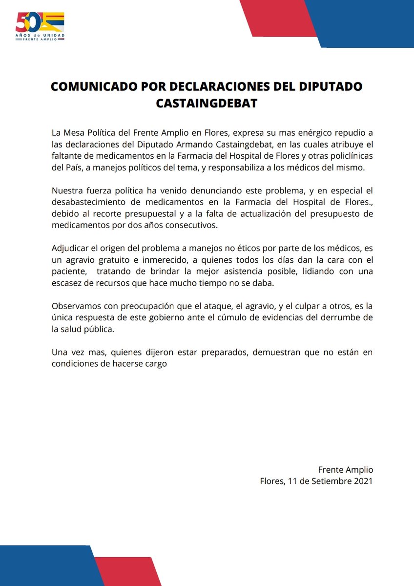 Comunicado del Frente Amplio de Flores en rechazo a las declaraciones del Diputado <a href="/ACastaingdebat/">Armando Castaingdebat</a>, en las cuales atribuye el faltante de medicamentos a manejos políticos y responsabiliza a los médicos.
