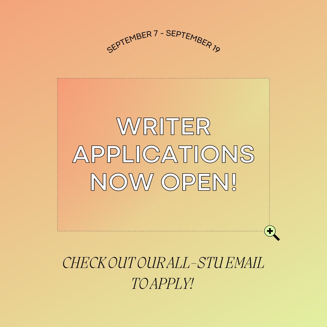 sunsetpress's tweet image. WRITER APPLICATIONS NOW OPEN! See our all-Stu email for more information and do not hesitate to reach out to sunsetpress@kenyon.edu with questions. ✉️🌅 Deadline to submit is September 19 @ 11:59pm :))