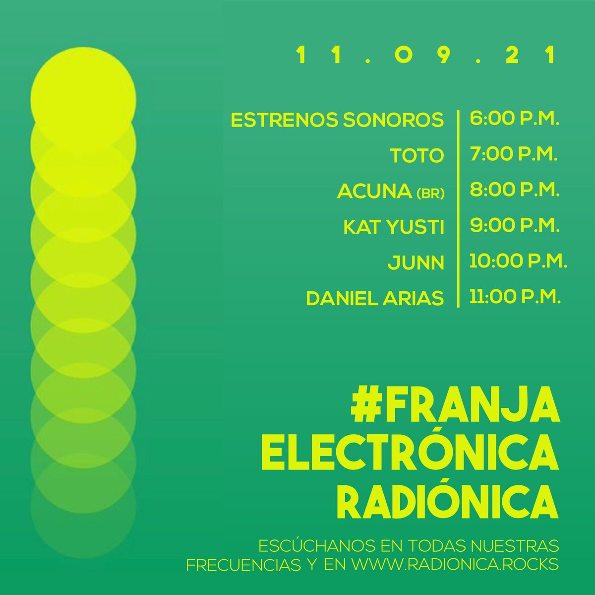 ¿Listos para el baile? 😎 Aquí comienza la #FranjaElectrónicaRadiónica 💃⚡🕺

Hoy con estrenos sonoros por @godriguez; sets con #Toto, <a href="/acunabr1/">Acuna</a>, Kat Yusti, #Junn y para cerrar la noche, Daniel Arias 🎶🎧

Estamos #AlAire en radionica.rocks 💻