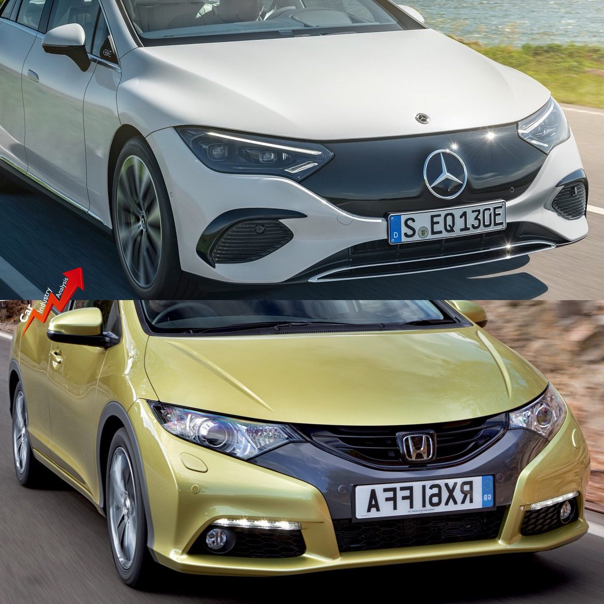The weird proportions of the recently presented #MercedesEQE remind me the Honda Civic HB 9th gen. They have a similar hood/bonnet, like falling from the windscreen to the front bumper. They also have a similar integration headlights-grille. 

Do you see what I see?