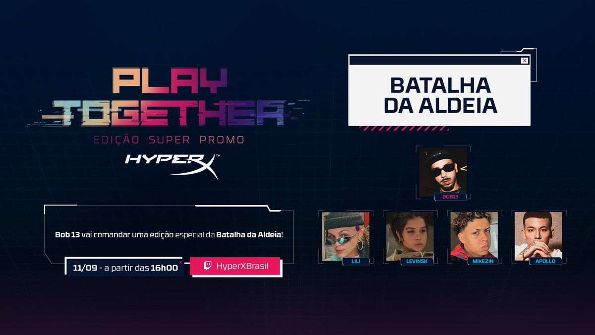 HyperXBrasil's tweet photo. A @batalhadaldeia chegou no palco da #HyperXPlayTogether!
O @bob13aldeia vai comandar com a presença de @cacho_cachiados, Levinsk, @mikezingang e @apolloemici!
Entra aí!
🔥 https://t.co/wlBvaufJ7i https://t.co/gwg02vntQM