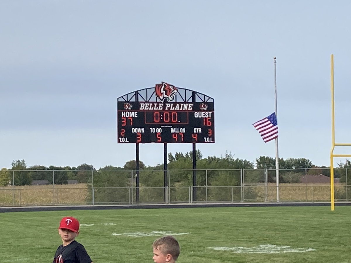 BP_Football's tweet photo. Football Day in Belle Plaine comes to an end with a 37-16 Tiger Victory!!! Thank you to parents, players, and fans for a great atmosphere! #GROW https://t.co/xCTyQnAvPX