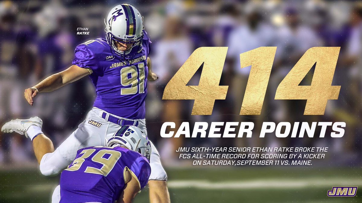 JMUFootball's tweet photo. Congratulations to JMU’s Ethan Ratke, the all-time FCS leader for points by a kicker!

#GoDukes https://t.co/8TesEiB3yG