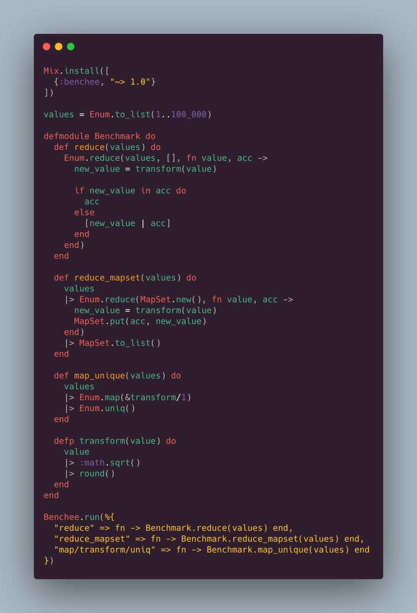 elixirschool's tweet image. Interesting! @tijuanate we discovered a bug in our previous example. After fixing that, `Enum.reduce/3` was actually the fastest!
#MyElixirStatus
#WeBEAMtogether 
#LearnElixir
#OpenSource 
#SharingIsCharing