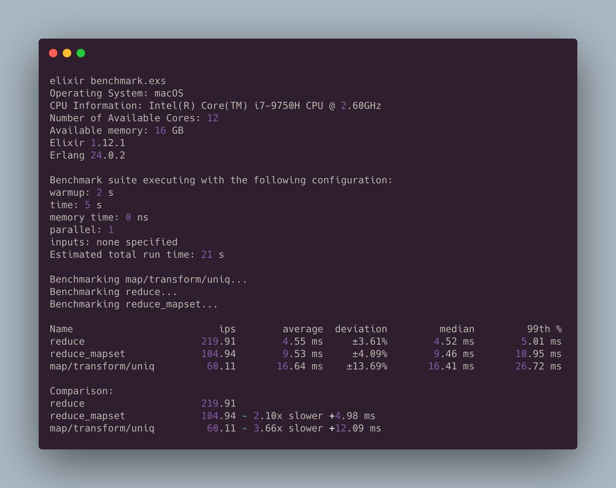 elixirschool's tweet image. Interesting! @tijuanate we discovered a bug in our previous example. After fixing that, `Enum.reduce/3` was actually the fastest!
#MyElixirStatus
#WeBEAMtogether 
#LearnElixir
#OpenSource 
#SharingIsCharing