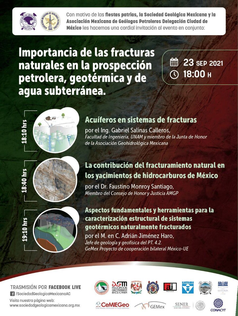 AMGP_UNAM's tweet photo. Te invitamos a la siguiente reunión de la AMGP CDMX en conjunto con la Sociedad Geológica Mexicana.
23 de septiembre, 18:00 h. ¡Aparta la flecha!.
#AMGP #SGM #conferencia #fracturas #petróleo #geotermia #hidrogeología https://t.co/MxYA3bCJ16