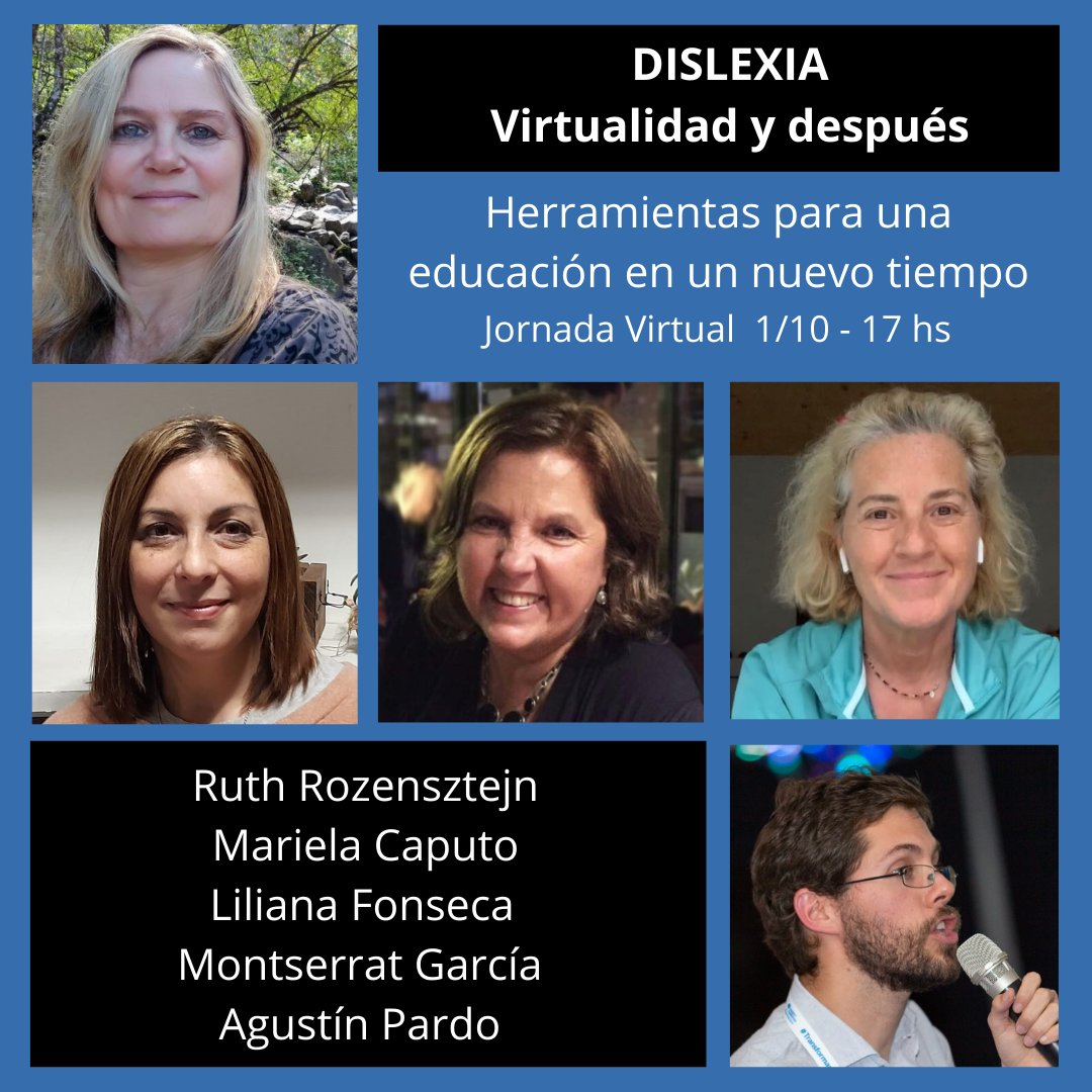 JORNADA VIRTUAL
Mes de la Dislexia y otras DEAs
Liliana Fonseca, Montserrat Garcia (@GLIFING), Mariela Caputo, Agustín Pardo (@WUMBOX) y Ruth Rozensztejn

1 oct 17 a 20 hs
INSCRIPCION GRATUITA 
forms.gle/n7fjDfSc5AM1yL…

#MesDislexia #dislexia
#dyslexia #DyslexiaAwareness