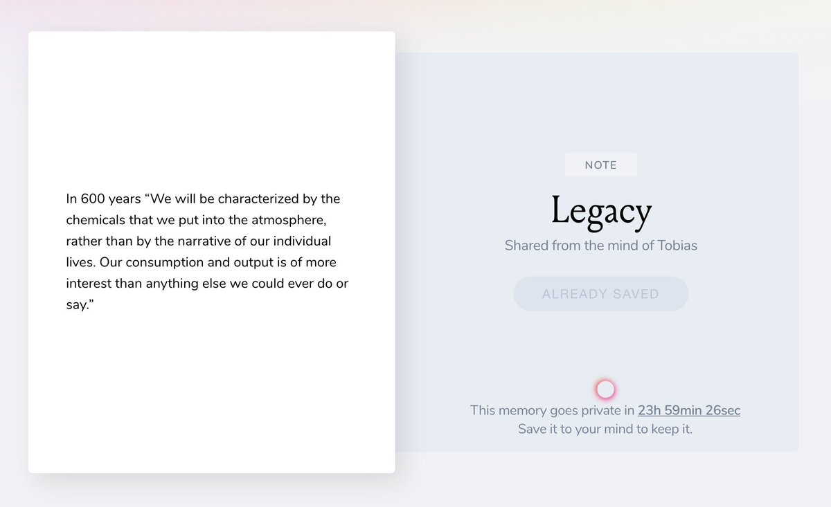In 600 years “We will be characterized by the chemicals that we put into the atmosphere, rather than by the narrative of our individual lives. Our consumption and output is of more interest than anything else we could ever do or say.” – The Second Body, Daisy Hildyard