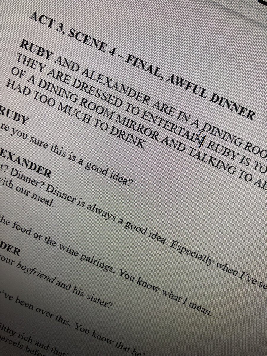 alisonbolen's tweet photo. For at least 5 years, as @JasonNedKaufman and I have been writing this play, weโve had a placeholder for this scene. I finally wrote it this week, and Jason wrote the final scene of Act 3. And now we are telling ourselves we have a complete first draft. #wewroteaplaay #playwrites https://t.co/wB4thHhnjZ
