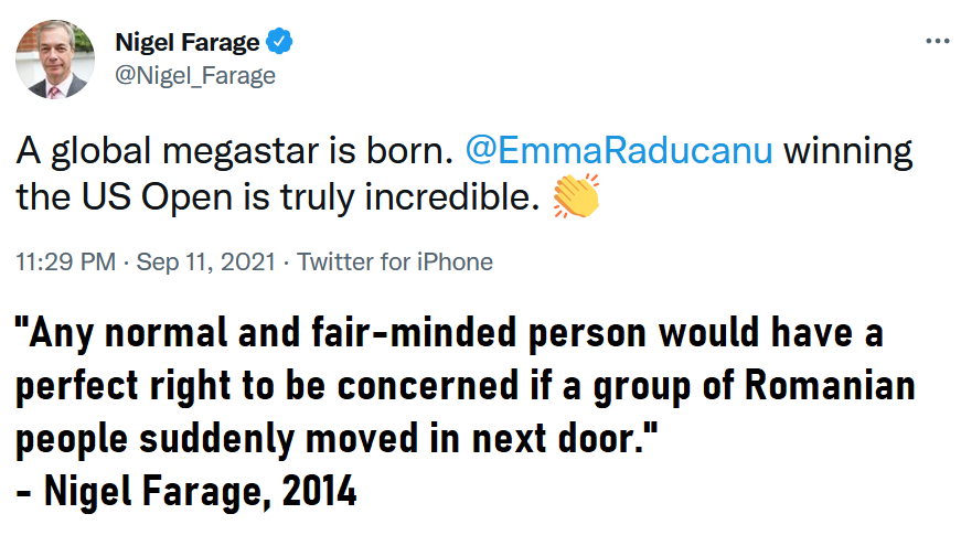 Cornwall4EU's tweet photo. SHE DID IT!

And Nigel Farage has finally found a Romanian he wouldn't mind having live next door.

What a creep. https://t.co/f2bSxKUqa7