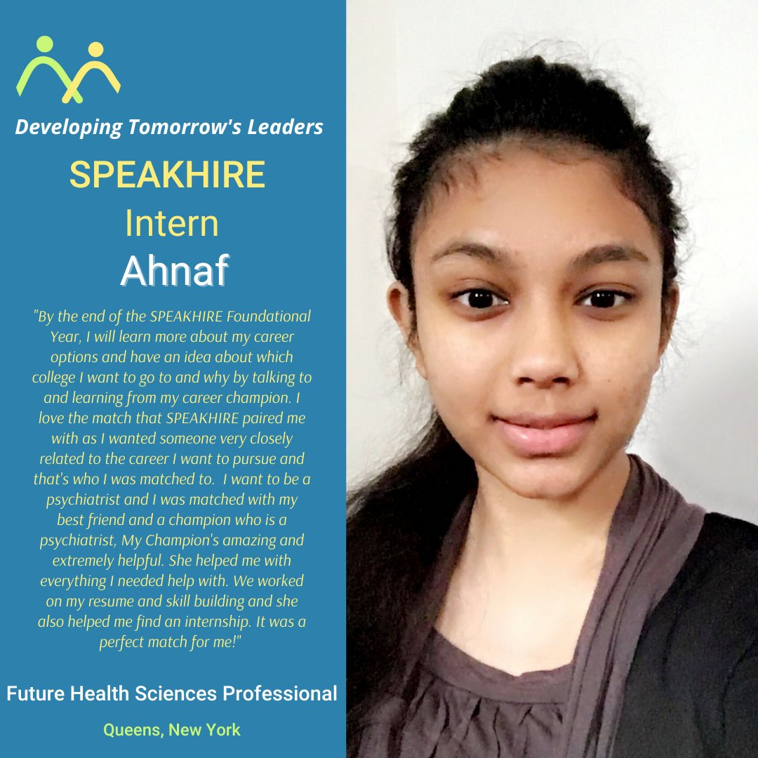 SPEAKHIRE's tweet photo. Are you in #HealthScience? Meet Ahnaf, a cordial and dependable young woman! With the right support and internships, we know she'll be a future workforce leader. Ahnaf, we love supporting you in your growth towards your career! 

#developingtomorrowsleaders #schooltocareers https://t.co/Ve79gmuzQO