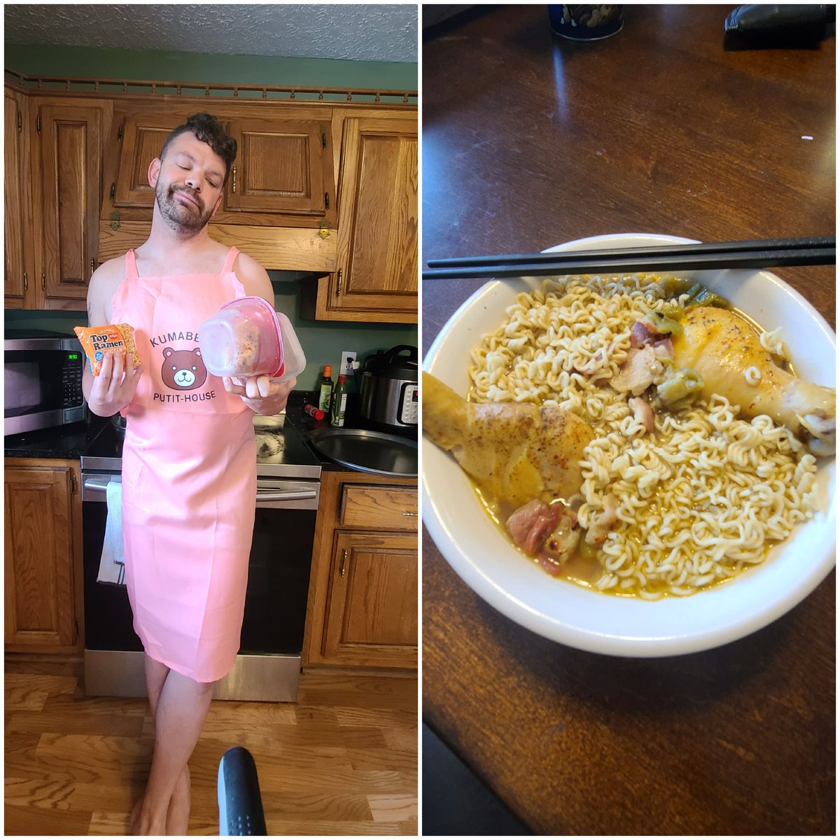 VETCOS1's tweet photo. Sooo day two of channeling my inner Satoshi Isshiki. This time packaged ramen with bacon, Pueblo Chili's and roasted Chicken drumsticks. Surprisingly very good!
#novicecosplayer #cookingincosplay https://t.co/DCzcELc0JH